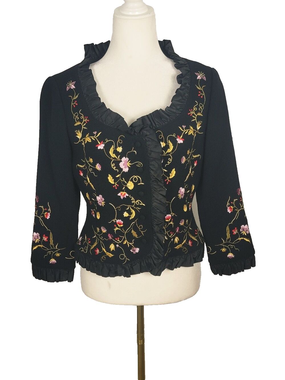 Rickie Freeman for Teri Jon Jacket Sz 6 Black Floral Embroidered Vtg Wool